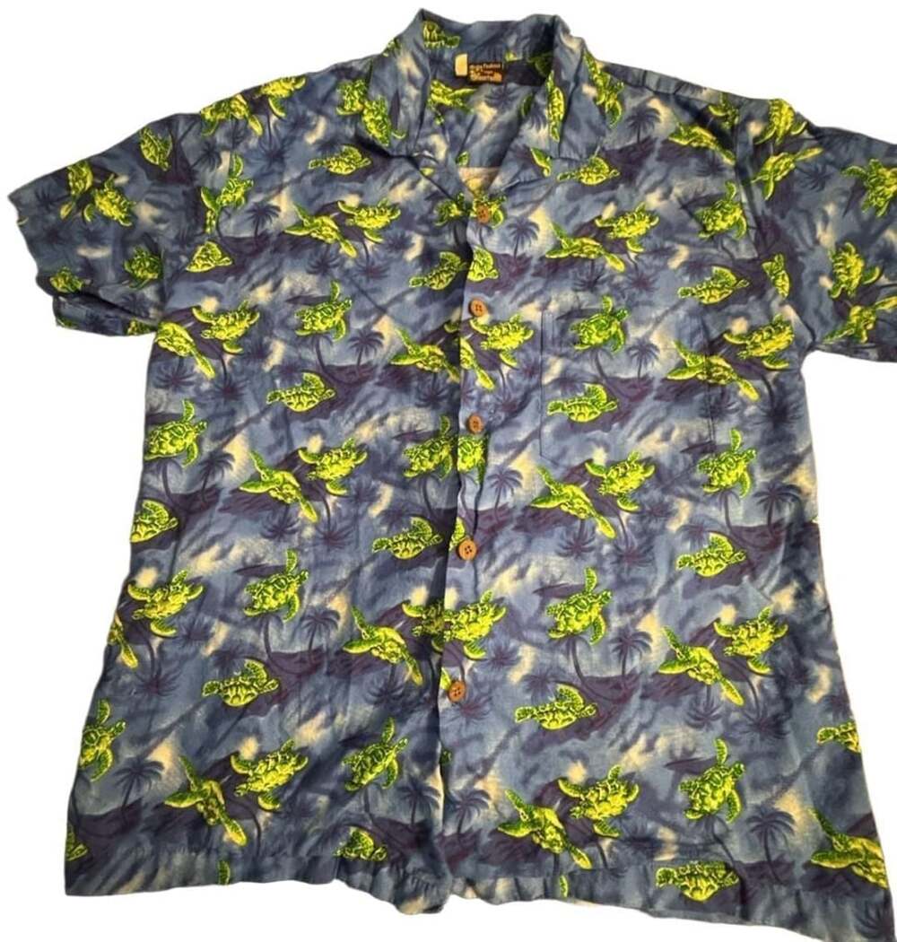 Aloha Fashion Hawaiian Shirt Size S Blue Turtle Print Camp